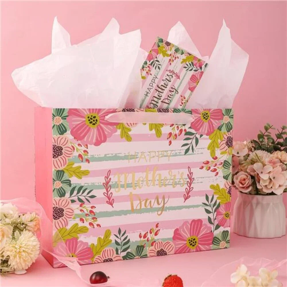Pink Large Mother's Day Gift Bag with Card and Tissue Paper for Mom Grandma Bags